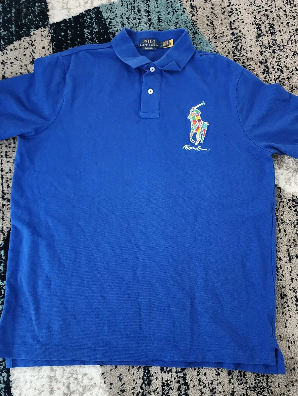 Ralph Lauren Men Blue Luxury Multicolor Big Ponny Logo Cotton Polo Size Large
